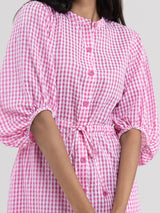 Buy Pink Checked Print Drawstring Dress Online | Pink Fort