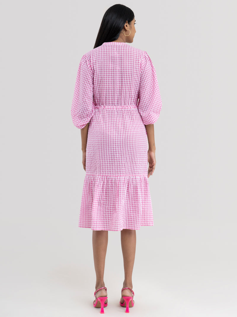 Buy Pink Checked Print Drawstring Dress Online | Pink Fort