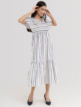 Buy Cream Stripe Play Tiered Dress Online | Pink Fort