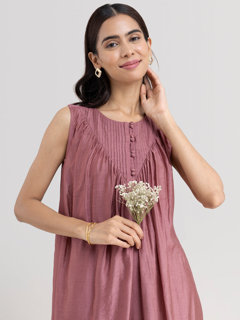 Buy Pink Chanderi Pintuck Dress - Pink Online | Pink Fort