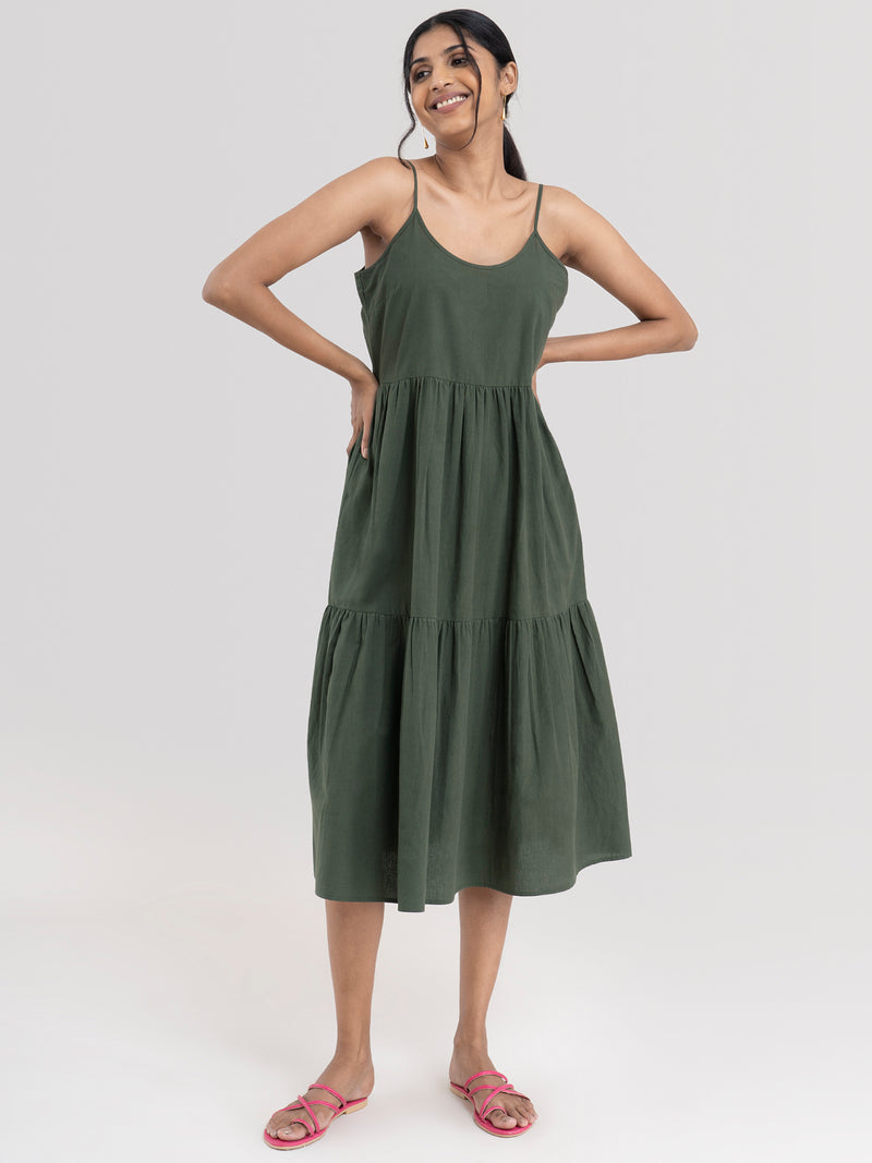 Buy Green Tiered Cotton Dress - Green Online | Pink Fort