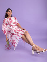 Buy Pink Chanderi Floral Round Neck Kaftan Dress Online | Pink Fort