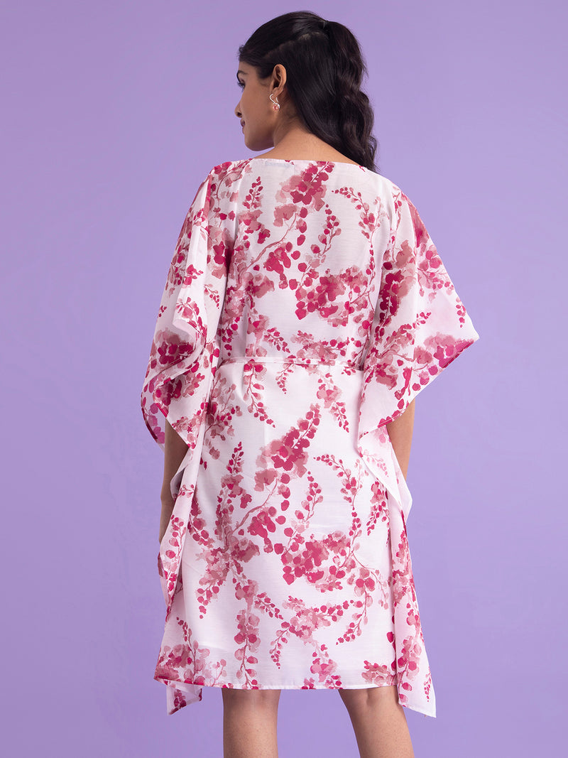 Buy Pink Chanderi Floral Round Neck Kaftan Dress Online | Pink Fort