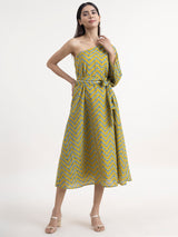 Buy Green Chanderi One-Shoulder Chevron Dress Online | Pink Fort