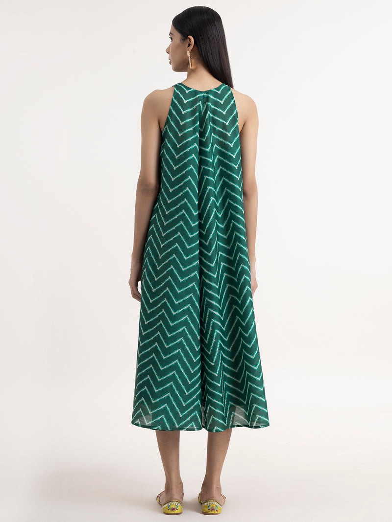 Buy Bottle Green Sleeveless Chevron Print Dress Online | Pink Fort