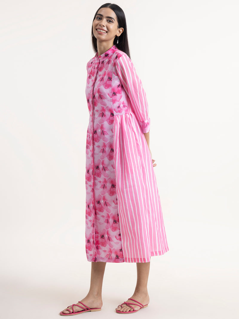 Buy Pink Chanderi Floral Dress Online | Pink Fort
