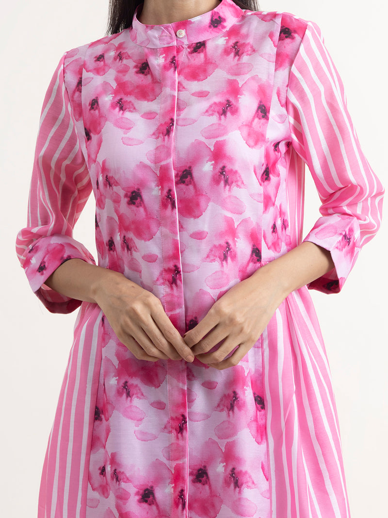 Buy Pink Chanderi Floral Dress Online | Pink Fort