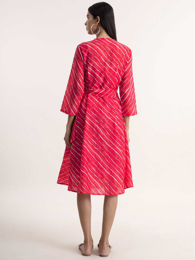 Buy Red Chanderi Leheriya Wrap Dress Online | Pink Fort