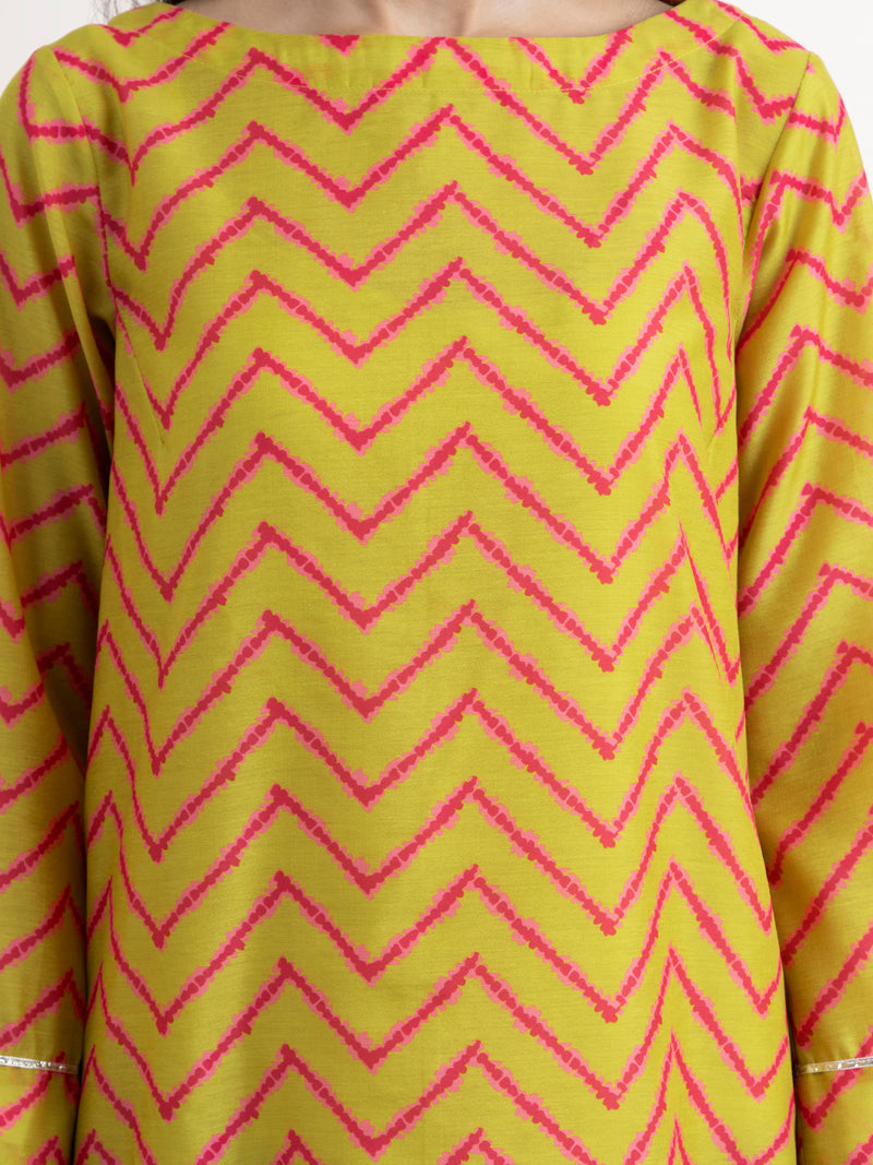 Buy Lime Green Chanderi Chevron Print Dress Online | Pink Fort