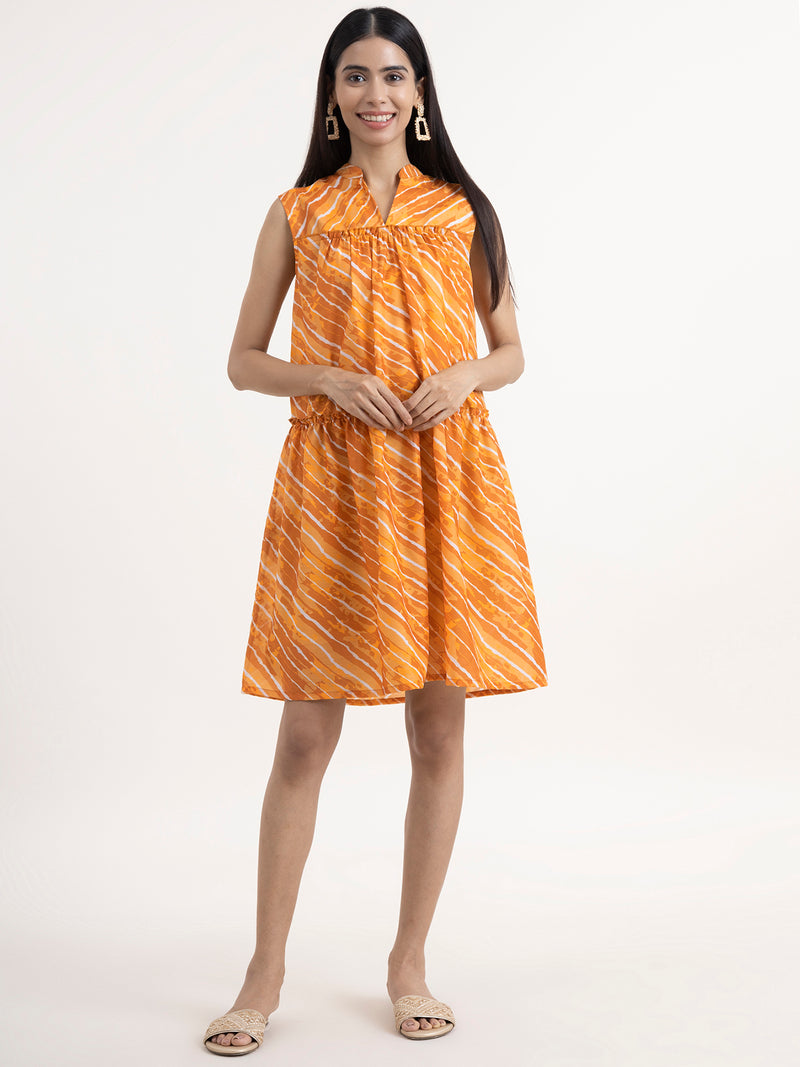 Buy Mustard Chanderi Leheriya Tiered Dress Online | Pink Fort