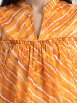 Buy Mustard Chanderi Leheriya Tiered Dress Online | Pink Fort