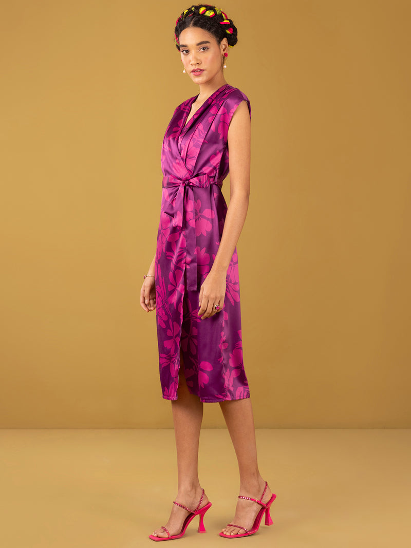 Buy Pink and Purple Pure Satin Floral Overlapped Dress - Pink and Purple Online | Pink Fort
