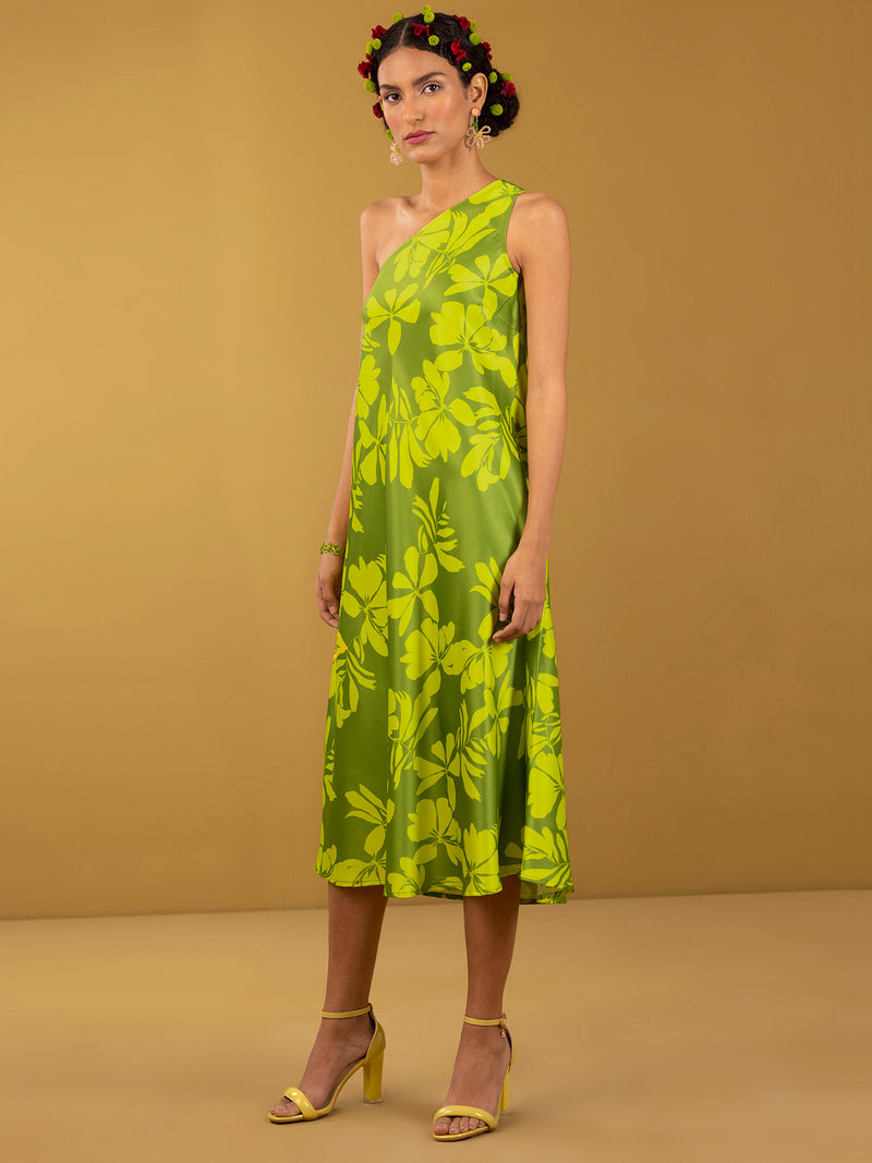 Buy Yellow and Green Pure Satin One-Shoulder Dress - Yellow and Green Online | Pink Fort
