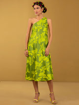 Buy Yellow and Green Pure Satin One-Shoulder Dress - Yellow and Green Online | Pink Fort