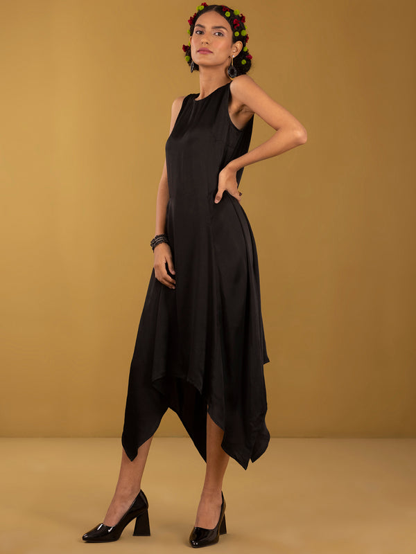 Buy Black Assymetrical Sleeveless Silk Satin Dress - Black Online | Pink Fort