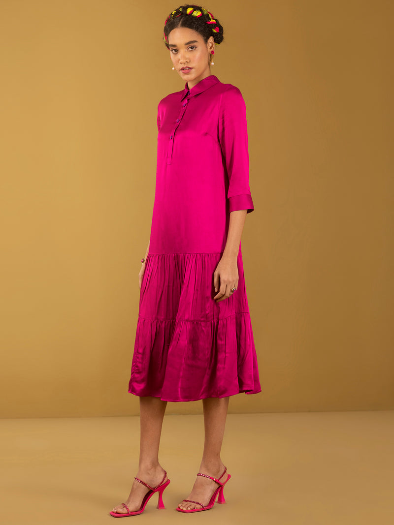 Buy Pink Silk Satin Tiered Dress - Pink Online | Pink Fort