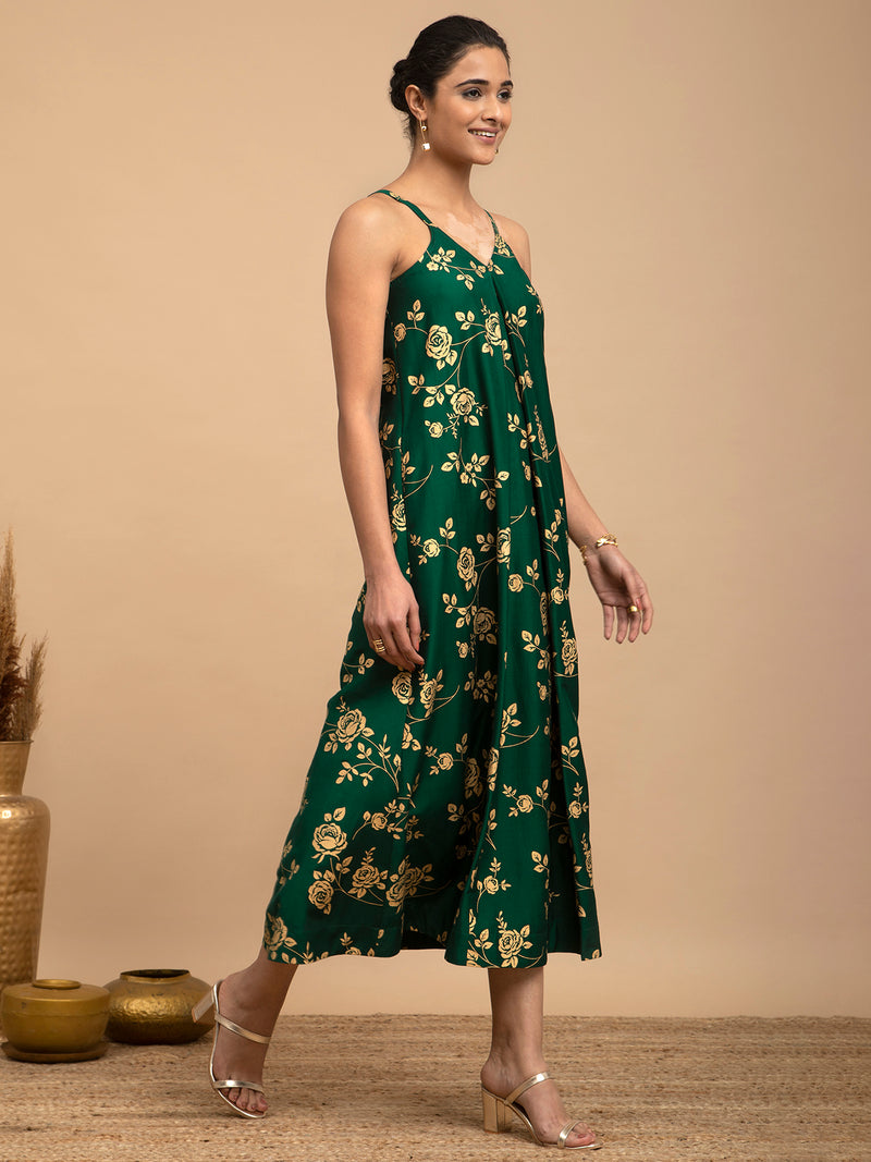 Buy Green Sleeveless Foil Print Silk Dress Online | Pink Fort