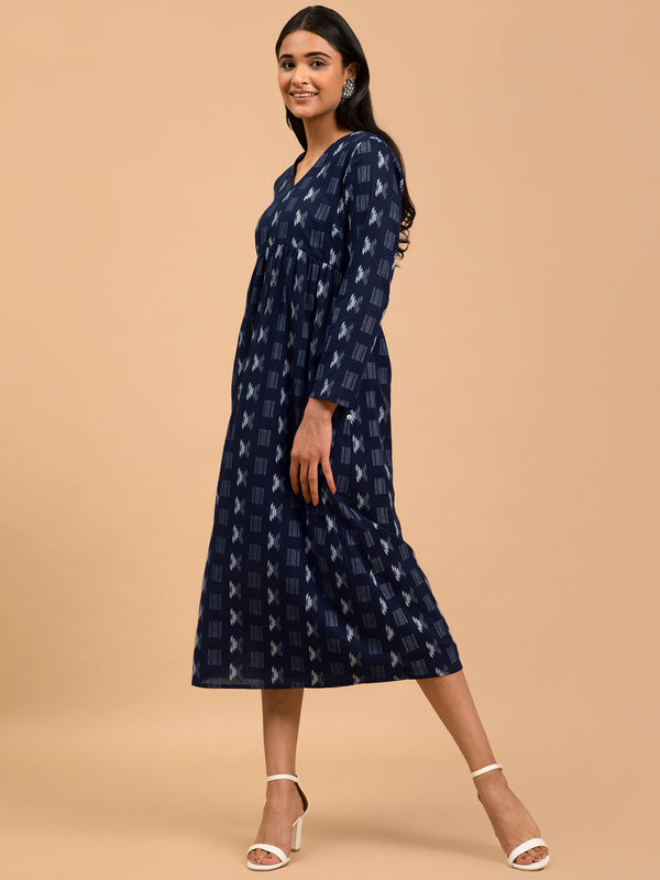Buy Navy Blue V neck A Line Cotton Dress Online | Pink Fort