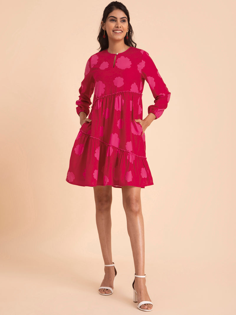 Buy Pink Floral Tiered Dress Online | Pink Fort