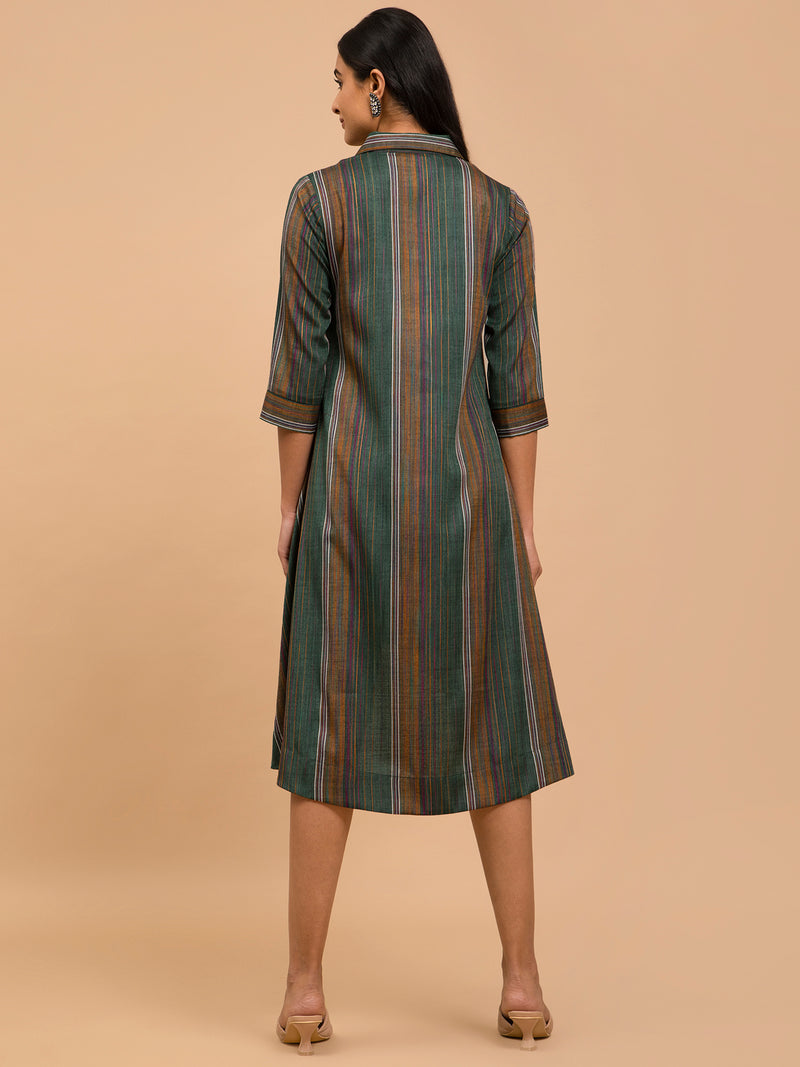 Buy Green Striped A Line Cotton Dress Online | Pink Fort