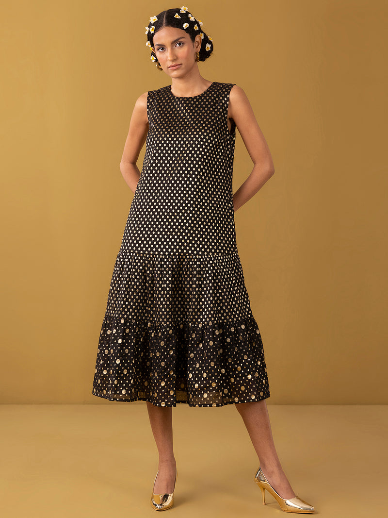 Buy Black Chanderi Brocade Tiered Dress - Black Online | Pink Fort