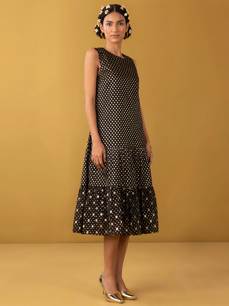 Buy Black Chanderi Brocade Tiered Dress - Black Online | Pink Fort