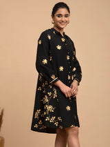 Buy Black Foil Print Mandarin Neck Silk Dress Online | Pink Fort