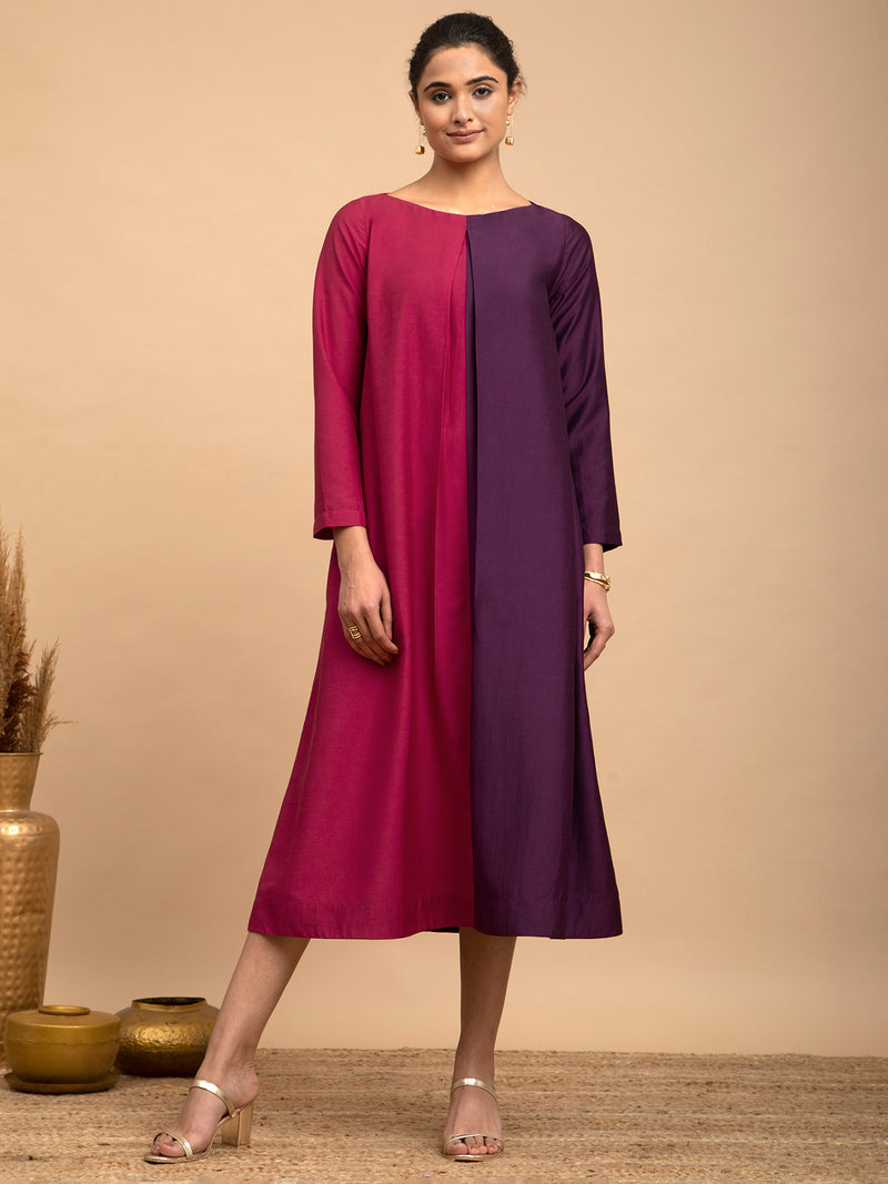 Buy Pink and Wine Colour Block Silk Dress Online | Pink Fort