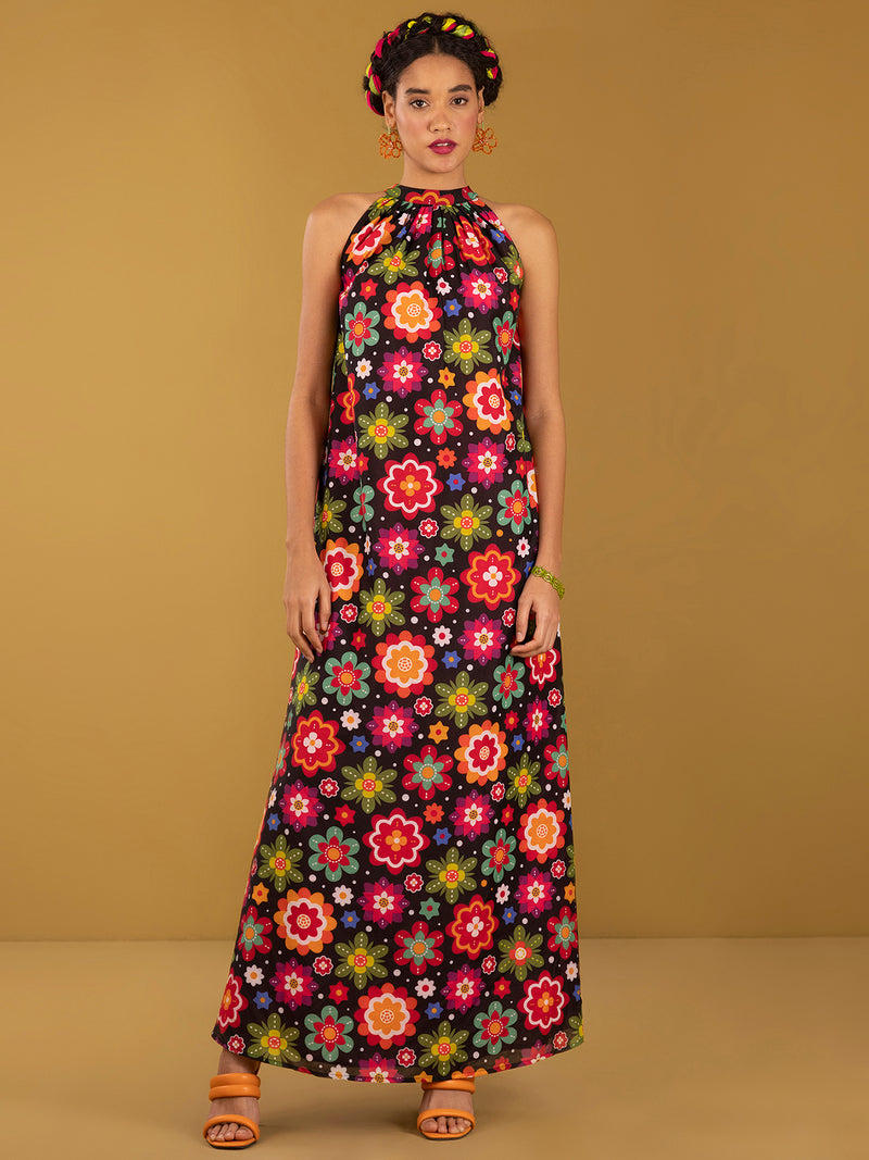Buy Black Chanderi Halter Neck Dress - Black Online | Pink Fort