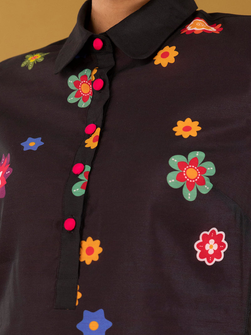 Buy Black Chanderi Shirt Collar Dress - Black Online | Pink Fort