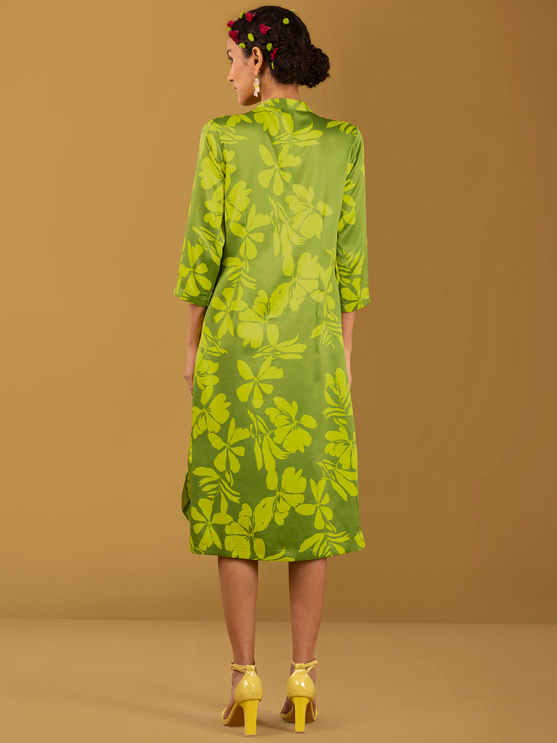 Buy Yellow and Green Pure Satin Mandarin Collar Dress - Yellow and Green Online | Pink Fort