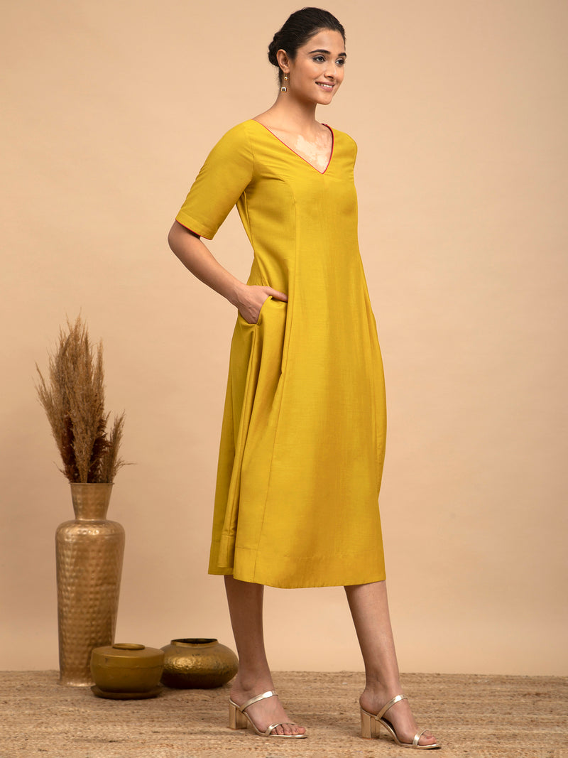Buy Yellow Silk A-Line Dress Online | Pink Fort