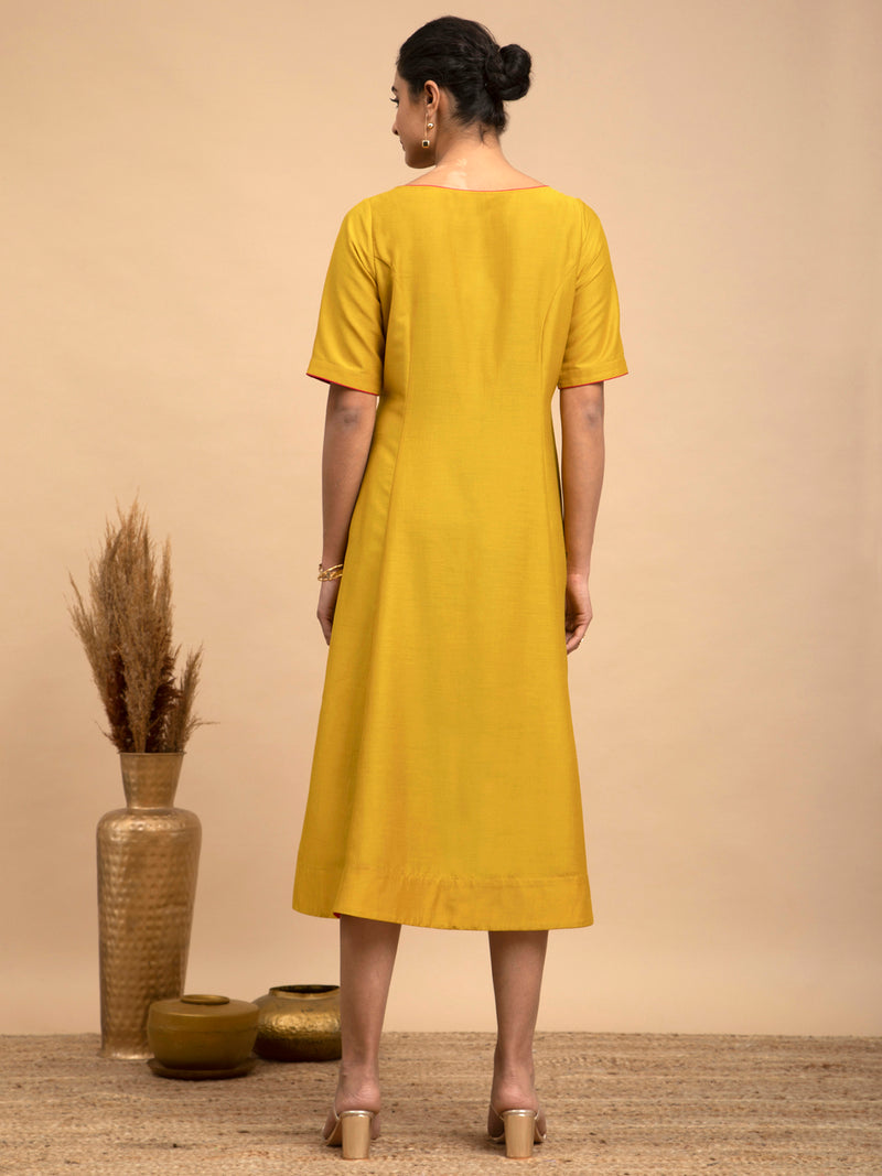 Buy Yellow Silk A-Line Dress Online | Pink Fort