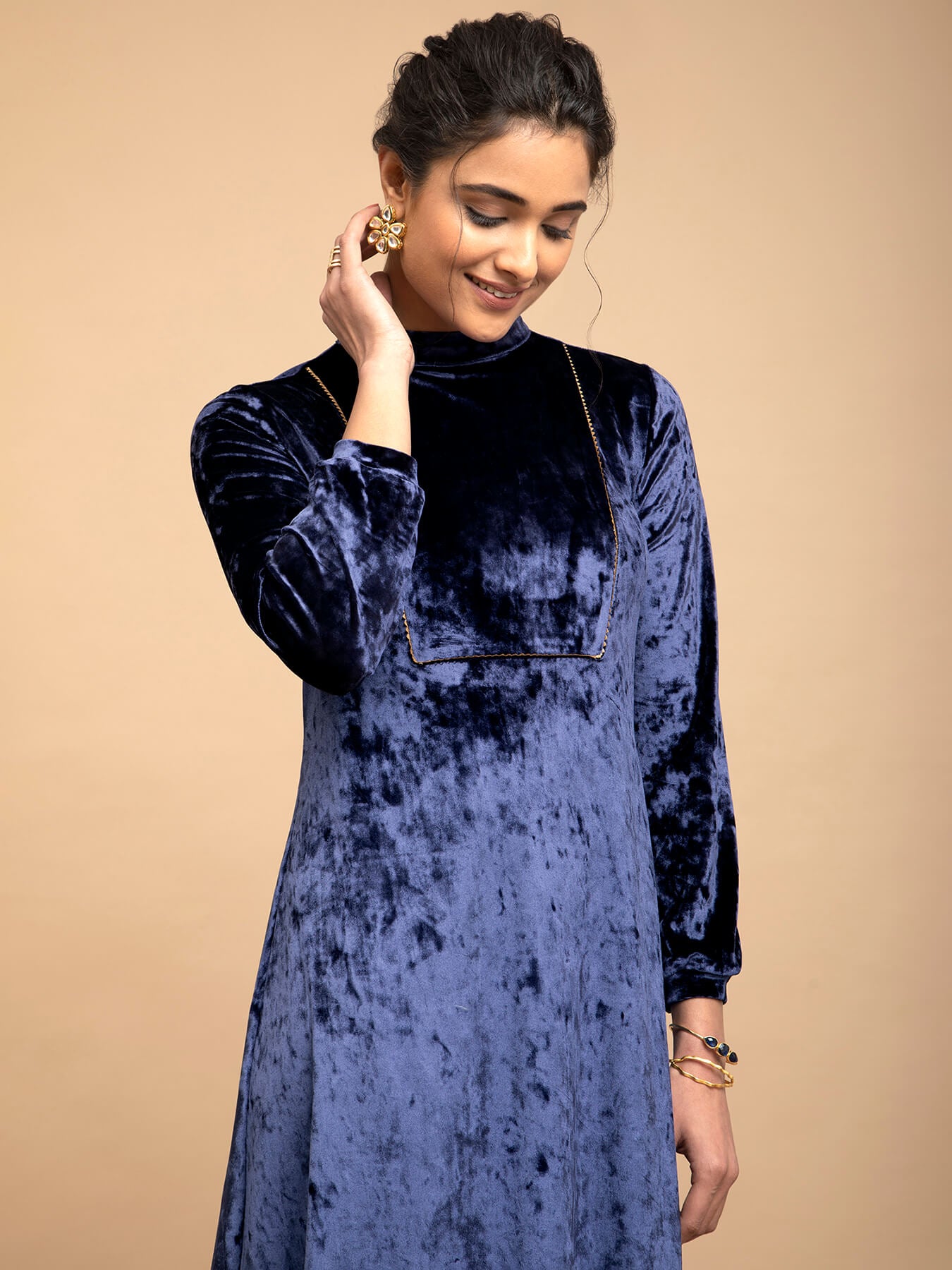 Buy Blue Velvet A-line Dress Online | Pink Fort