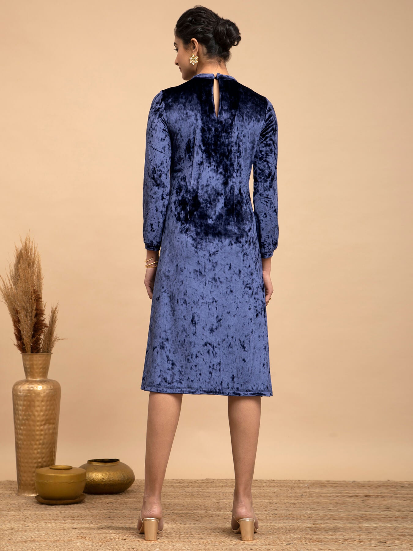 Buy Blue Velvet A-line Dress Online | Pink Fort