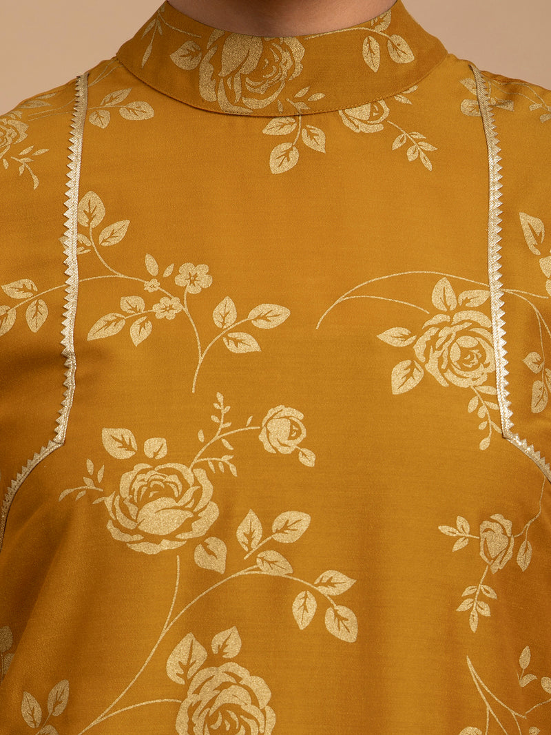 Buy Mustard Foil Print Mandarin Neck Silk Dress Online | Pink Fort