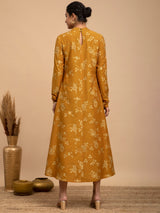 Buy Mustard Foil Print Mandarin Neck Silk Dress Online | Pink Fort