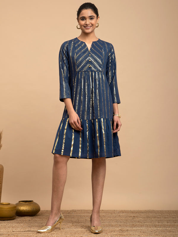 Buy Navy Blue Cotton Lurex Round Neck Dress Online | Pink Fort