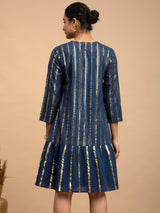 Buy Navy Blue Cotton Lurex Round Neck Dress Online | Pink Fort
