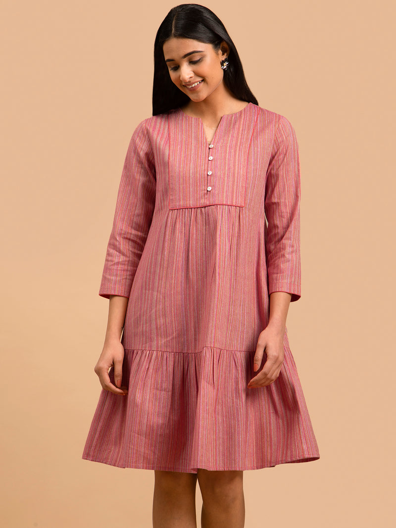 Buy Pink Striped Round Neck Cotton Dress Online | Pink Fort