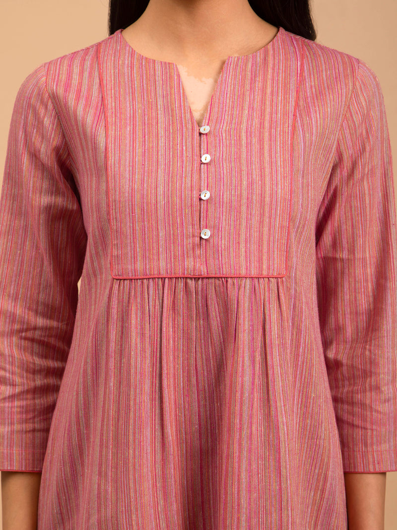 Buy Pink Striped Round Neck Cotton Dress Online | Pink Fort