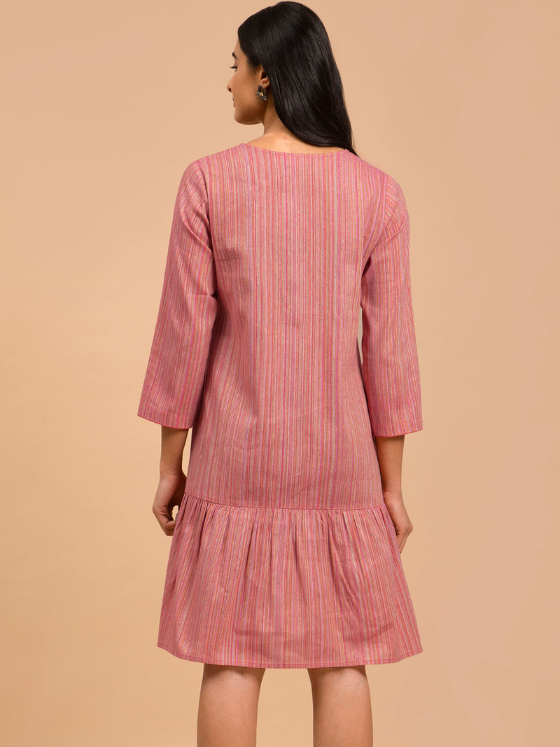 Buy Pink Striped Round Neck Cotton Dress Online | Pink Fort