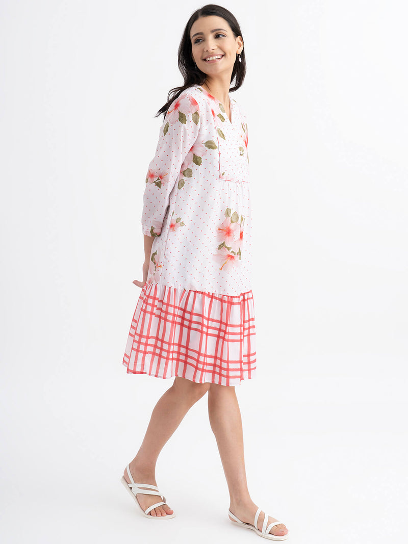 Floral And Check Muslin Dress - White