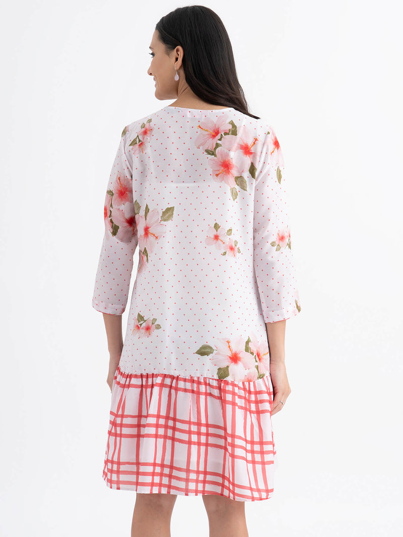 Floral And Check Muslin Dress - White