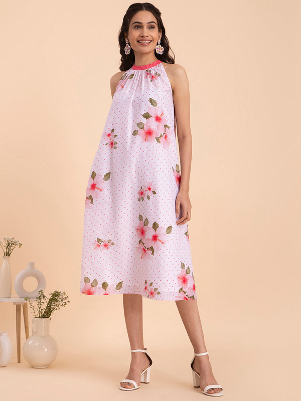 Buy White Floral Muslin Halterneck Dress Online | Pink Fort