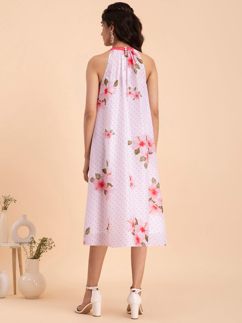 Buy White Floral Muslin Halterneck Dress Online | Pink Fort