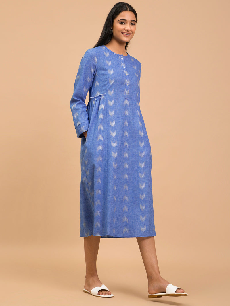 Buy Blue Round Neck A Line Cotton Dress Online | Pink Fort