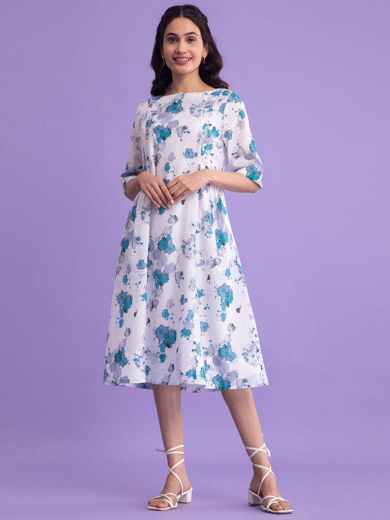 Buy White And Blue Chanderi Round Neck Dress Online | Pink Fort