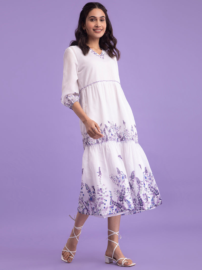 Buy White And Lilac Chanderi Floral V Neck Dress Online | Pink Fort
