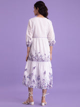 Buy White And Lilac Chanderi Floral V Neck Dress Online | Pink Fort